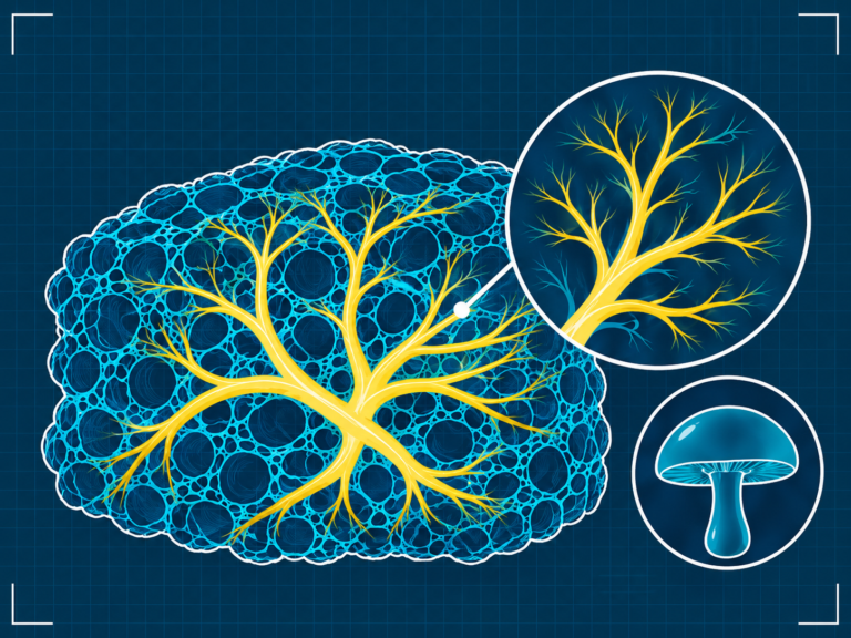 Illustration of yellow fungal mycelium branching through a porous blue TVP scaffold, with close-ups of the hyphae and a mushroom